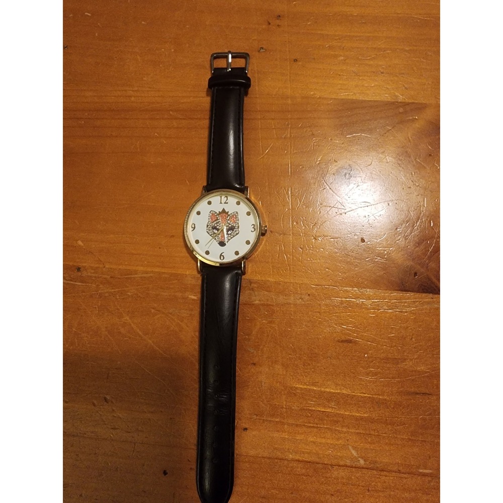 Vintage Gitano Whimsical Fox Watch Rhinestone Glitter Dial Black Leather Strap